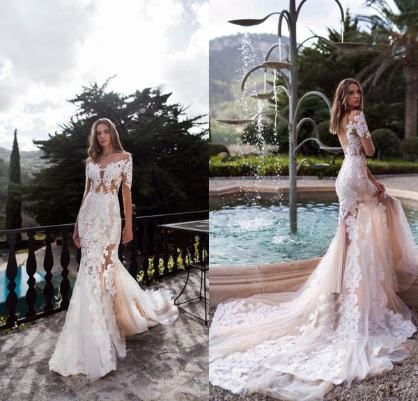 

nora naviano 2019 wedding dresses off shoulder long sleeve lace appliques bridal gowns sweep train mermaid wedding dress robe de mariÃ©e, White