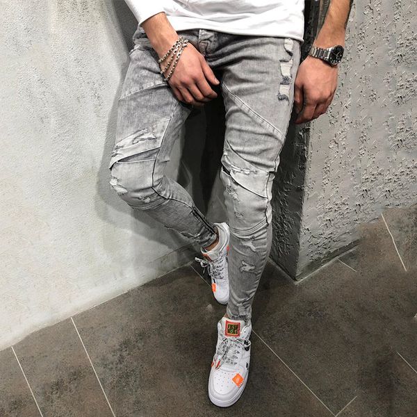 

mens autumn 19fw designer grey jeans biker street hiphop draped ripped pencil pants pantalones, Blue