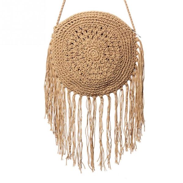 

woman round handbags handmade straw bag with tassel rattan woven vintage rope knitted messenger bag lady summer beach tote(khaki