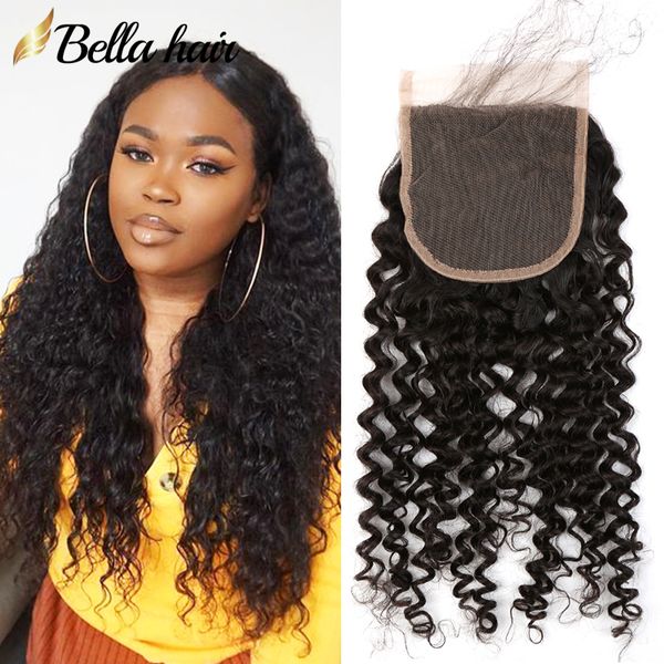 Bellahair 4x4 polegada onda encaracolado hd encerramento suíço de laço brasileiro virgem peruana natural preto com cabelo bebê macio