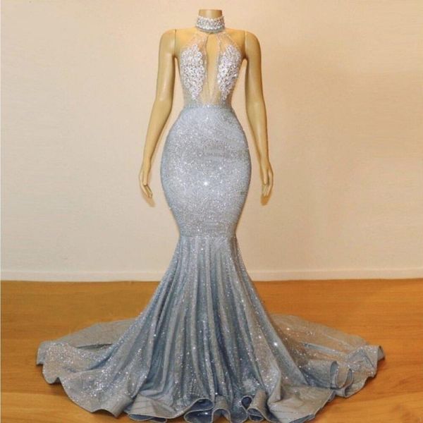 

Sexy Sparkle Fabric Backless Prom Dresses Halter Lace Beaded Crystal Long Mermaid Evening Gowns Saudi Arabic Formal Party Gowns Cheap