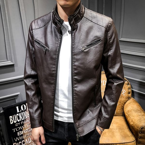 

2019 spring men's leather coat korean-style slim fit youth leather jacket plus velvet stand collar locomotive men's pu c, Black