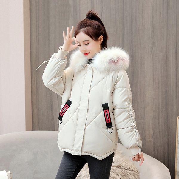 

new women's autumn and winter long loose large fur collar solid color down cotton coat, Black