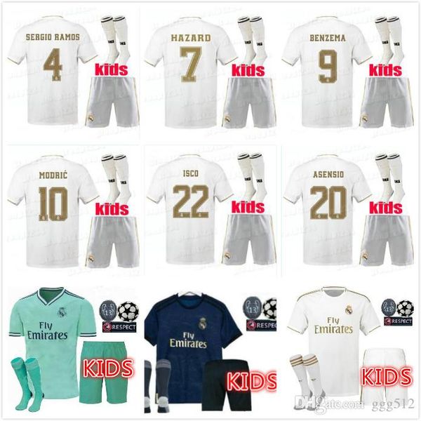 

kids kit 2019 real madrid hazard soccer jerseys 2020 home modric marcelo benzema vinicius jr kroos isco asensio bale football shirts, Black