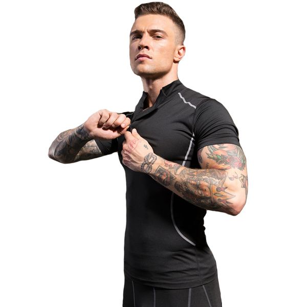 

мужская спортивная gym рубашка бодибилдинг zipper stand collar stretch tight тренировки футболку фитнес сухое fit rashgard running shirt