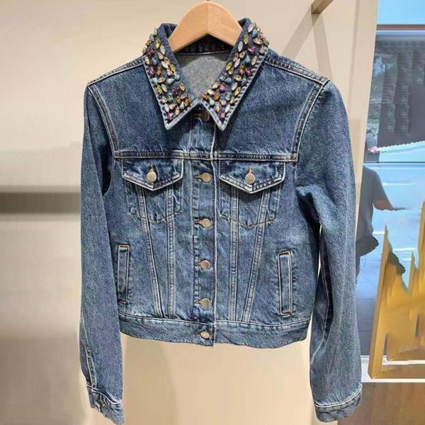 

2020 new women's denim short jacket long sleeve single breasted neckline diamond coat female outwear top, Black;brown