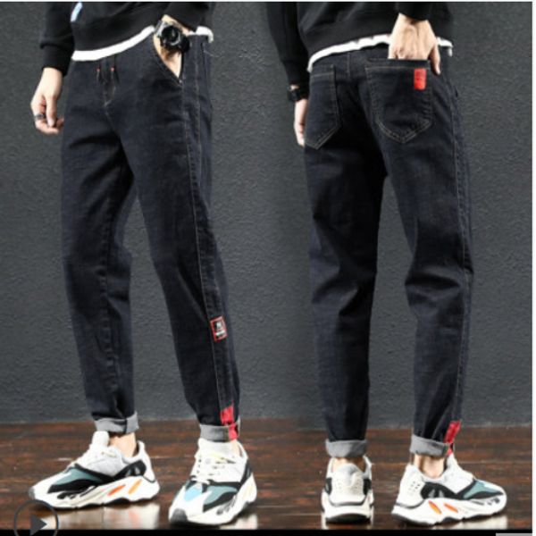 

deep black popular logo jeans male easy wash pants boy leisure trend bigger sizes draw string haroun pants, Blue