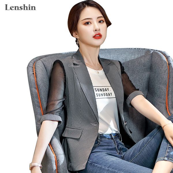

lenshin striped jacket for women patchwork female casual style breathable coat half sleeve blazer single button outwear, White;black