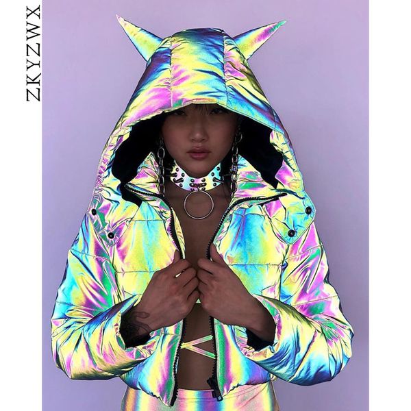 

zkyzwx shiny rainbow reflective puffer jacket horn hooded warm parka cropped bubble coat 2019 new collection winter jacket women, Tan;black