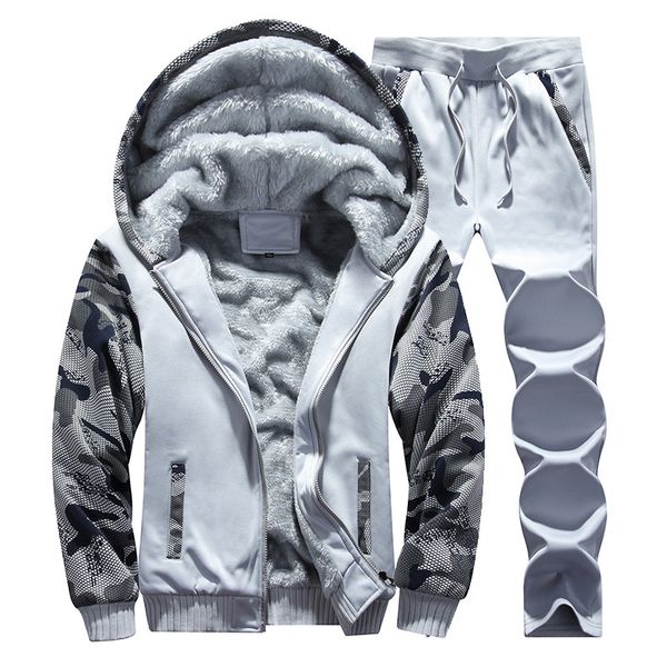 

men's sportswear sets 2020 winter velvet hoodie male casual tracksuit men 2 pieces sweatshirt + sweatpants brand track suit set, Gray