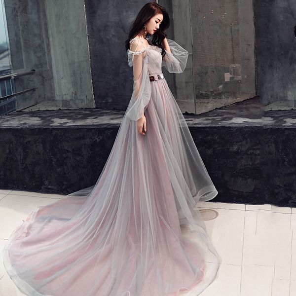 

2019 new noble ladies long-sleeved trailing annual meeting hosted fairy dress sling long female banquet evening dress, Red