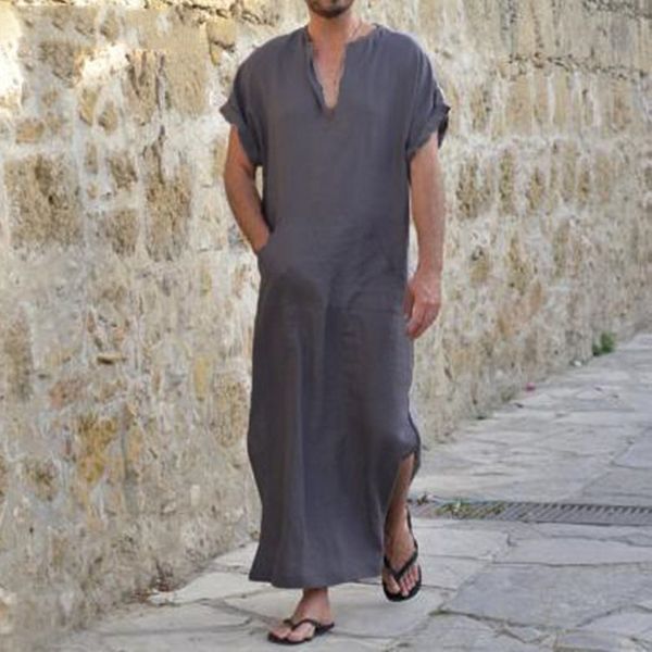

men robes v-neck short sleeve solid color loungewear cotton vintage men muslim arab islamic kaftan 2019, Black;brown