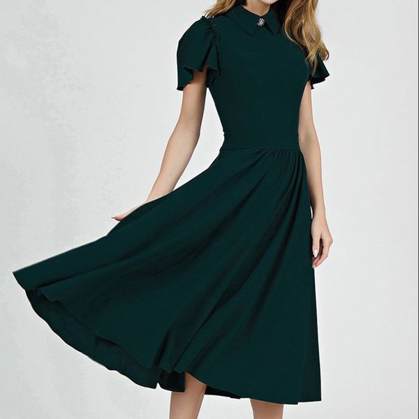 

2020 summer dress female lapel flounces short-sleeved solid color dress long skirt, Black;gray