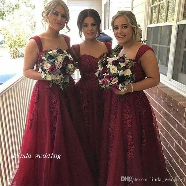 2019 Barato Borgonha País Da Dama de Honra Vestido Uma Linha Sem Mangas Apliques Sem Encosto Longo Formal Maid of Honor Vestido Plus Size Custom Made