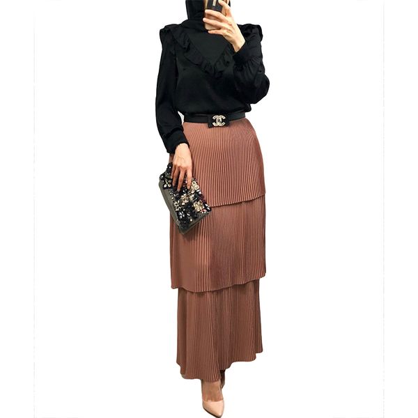 

fashion women's pleated tulle skirt high waist bodycon long women's modest muslim bottoms long midi skirts party ramadan islamic, Red