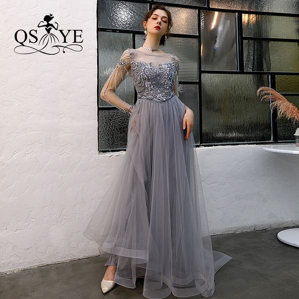 

qsyye 2019 ever pretty long prom dresses tulle boat neck full sleeves beading floor length formal evening dress party gown, White;black