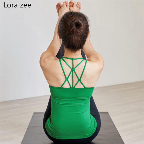 

lora zee women's green strappy back yoga shirt white activewear criss cross tank with built in bra workout sleeveless shirt, White;red