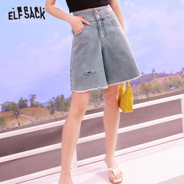 

elfsack blue solid high waist ripped casual washed women denim shorts 2020 summer elf pink colorblock korean ladies daily bottom, White;black