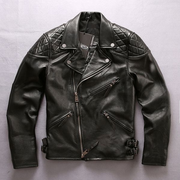 

men's fashion brand professional cow motorcycle lapel zipper slim fit moto biker jacket men rivet leather coat, Black