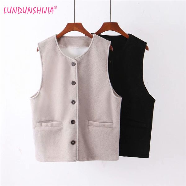 

lundunshijia women solid color woolen sleeveless waistcoat 2020 spring autumn women single-breasted fashion loose vests coat, Black;white
