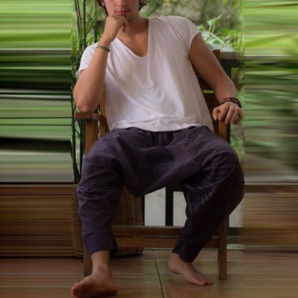 

men's cross-pants summer casual baggy harem long pants loose beach elastic waist trousers lace-up solid color male new 2020, Black