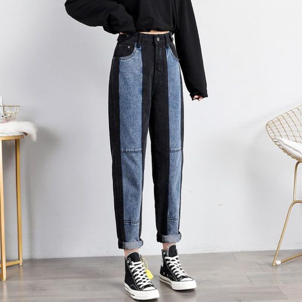 

women's jeans women ankle-length patchwork spliced stripe high waist button haren pants female fashion loose denim trousers s-5xl, Blue