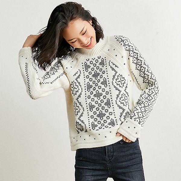 

100% cashmere sweater women exquisite embroidery thicken vintage design o neck long sleeves 2 colors ladies casual pullovers, White;black