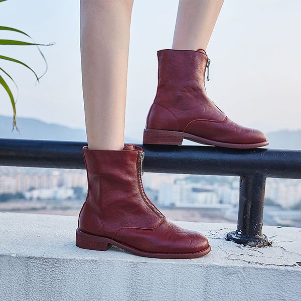 

spring winter leather boots brand design ankle boots rain zipper shoes woman solid color rubber waterproof flats female, Black