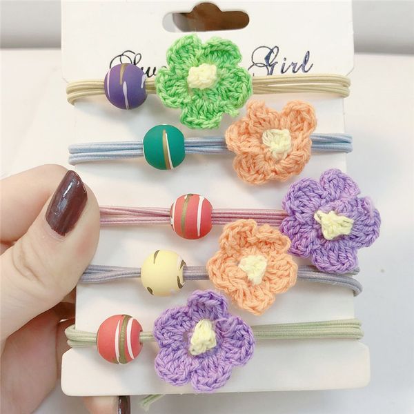 

5pcs hair accessories for child colored flowers sakura hair rope strawberry ring wool high elastic cute headband scrunchie, Slivery;white
