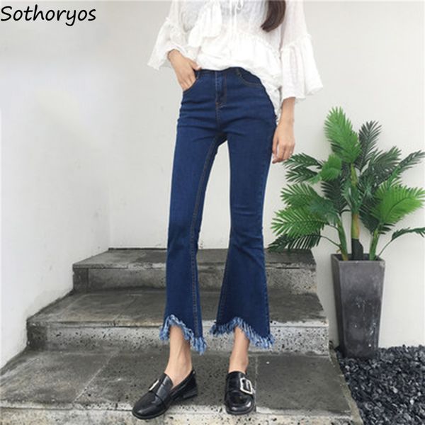 

jeans women ulzzang slim ankle-length high waist soft casual womens students flare denim jean elegant simple korean style trendy, Blue