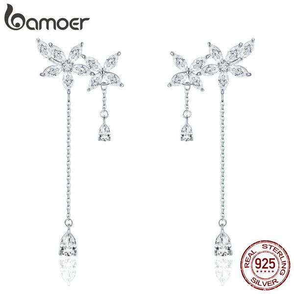 

bamoer authentic 925 sterling silver crystal flower long chain drop earrings for women sterling silver earrings jewelry sce469