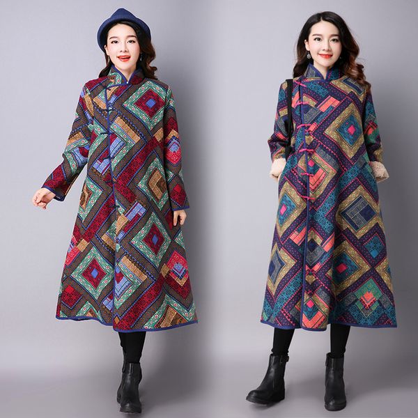 

2017 autumn east new-korean-style women's cotton-padded clothes long sleeve cotton linen printed stand collar frog thick large s, Blue;black