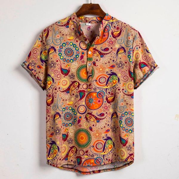 

new men's brand summer breathable anchor print mens ethnic short sleeve casual cotton linen printing hawaiian shirt blouse -3xl, White;black