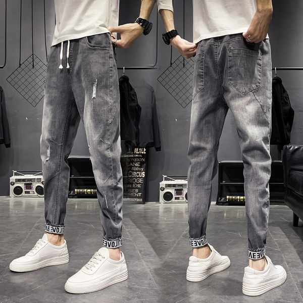 

men's jeans summer korean version of slim casual capris for teenagers, Blue