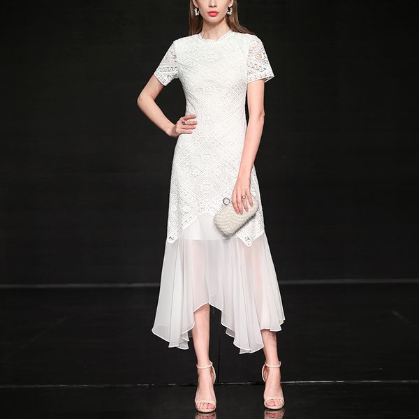 

seifrmann lace splicing chiffon white dress women summer fashion designer boho floral party dresses ladies irregular midi dress, Black;gray