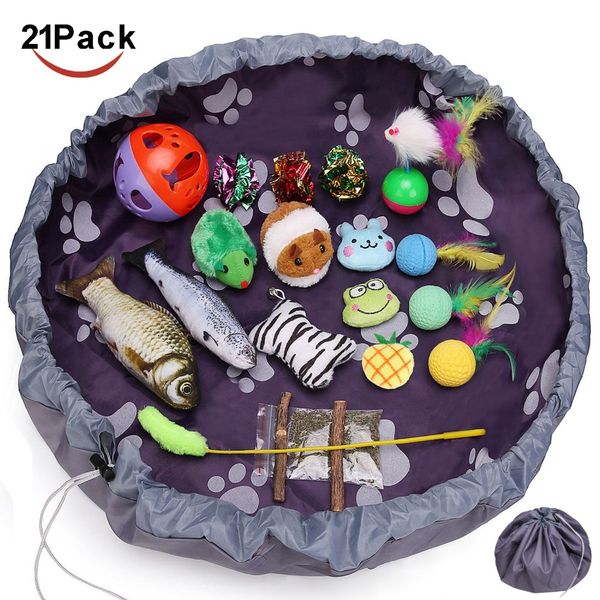 

interactive cat toys sets 21 pack assortment -bell ball moving mouse catnip plush teaser fish tumbler mylar crinkle sponge balls