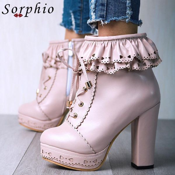 

sorphio туфли на высоком каблуке женщина прохладный шнуровке платформы ботильоны женщины осень зима ins мода кружева украшения сапоги, Black