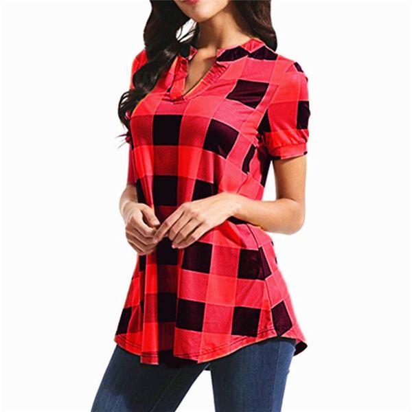 

women shirts blouse shirts large size trend elegant plaid printed v-neck short sleeve loose noble vogue summer cotton turtleneck, White