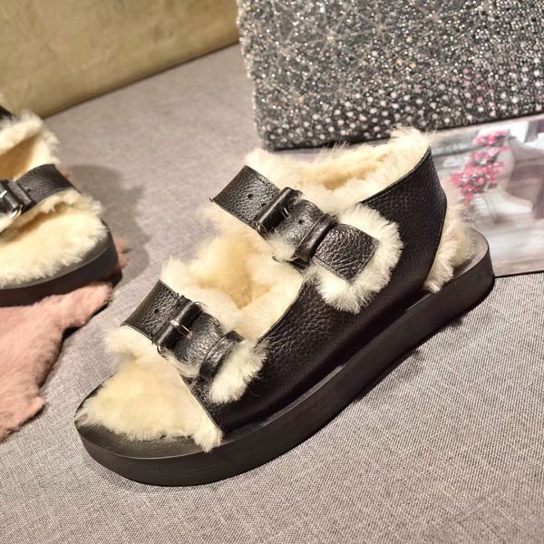 

2019 fall winter fur sandals full grain leather womens warm gladiators fashion womens shoes, Black