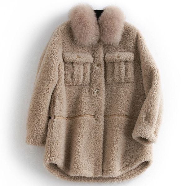 

women's fur & faux real coat collar 100% wool jacket autumn winter women clothes 2021 korean sheep shearling suede lining zt3600, Black