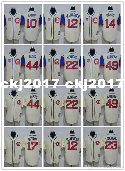

2016 men's10 ron santo 12 kyle schwarber 14 ernie banks 22 jason heyward 44 anthony rizzo 1929 1942 retro stitched jerseys, Blue;black