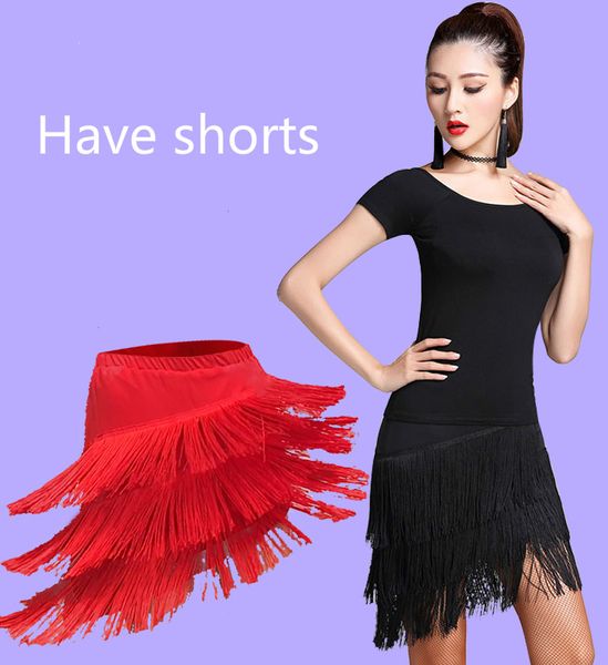 

latin dance skirt fashion women double tassel design latin dance performance fringe dress female practice skirts, Black;red