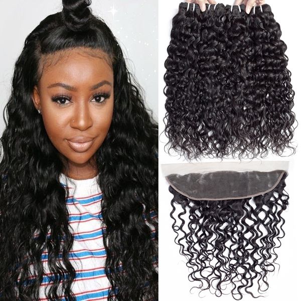 

brazilian human virgin hair water wave bundles with frontal wet and wavy human hair extensions ear to ear lace frontal closure with bundles, Black