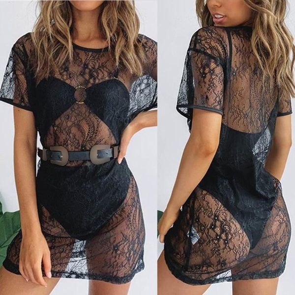 

fashion women's sheer lace short sleeve mini dress slim fit casual dress summer short club vestidos