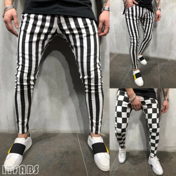 

men's summer fashion slim comfortable striped plaid black white casual pants us