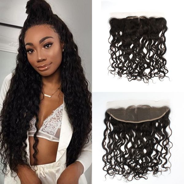 

peruvian water wave lace frontal closure 8-20 inch middle/three part ear to ear human hair 13x4 frontal, Black;brown
