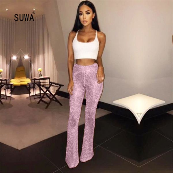 

evening party women pants wholesale bling sequined flat high waist straight long leggings bottoms 5 color trousers, Black;white