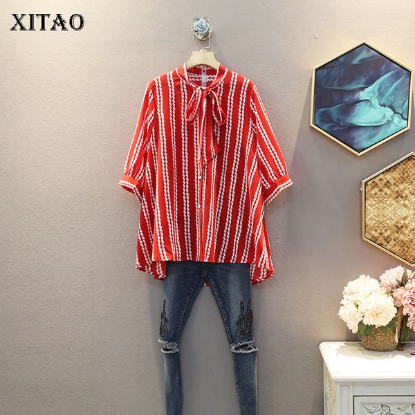 

xitao plus size vintage pattern shirt women clothes 2020 summer new fashion loose bandage bow collar match all blouse dzl1004, White