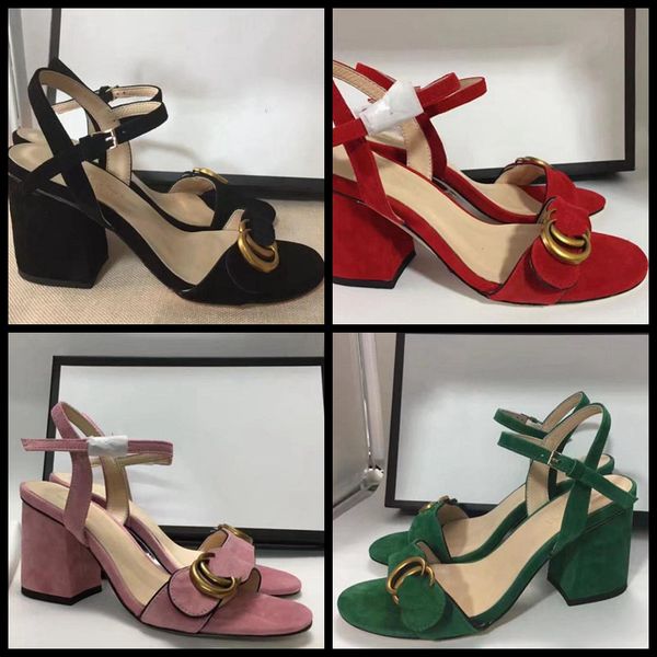 

classic sandals lady summer 2019 designer's sandals metal buckle large size leather high-heeled women's shoes with 35-41 with box, Black