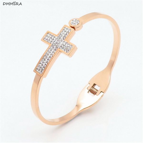 

fashion punk cross crystal women bangle gold-color silver classic stainless steel women bangles party bracelet product, Black